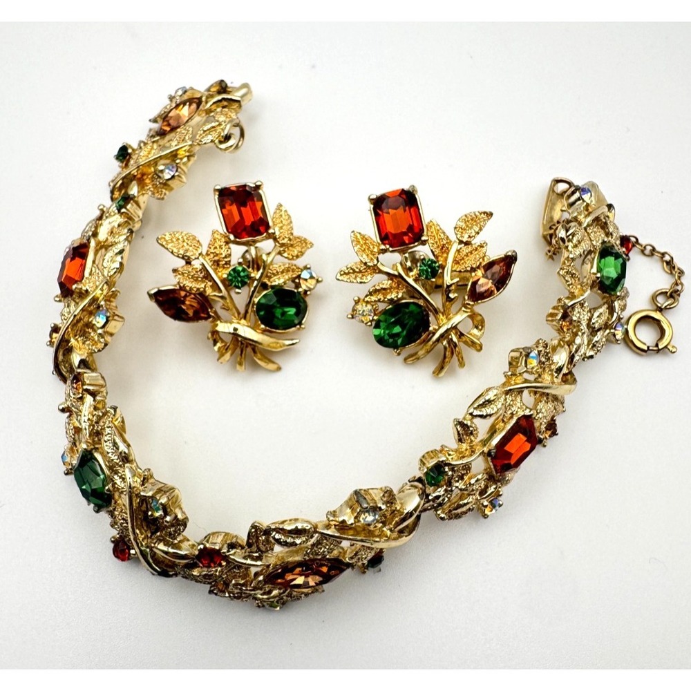 Vintage Coro Bracelet & Earring Set Golden Harvest Orange Green Rhinestone 7"